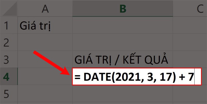 Nhập hàm = DATE(2021, 3, 17) + 7 vào ô bảng tính trong Excel