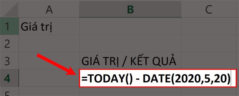Nhập hàm = TODAY() - DATE(2020,5,20) vào ô cần xuất kết quả