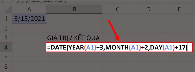 Nhập hàm =DATE(YEAR(A1)+3,MONTH(A1)+2,DAY(A1)+17) vào ô bảng tính