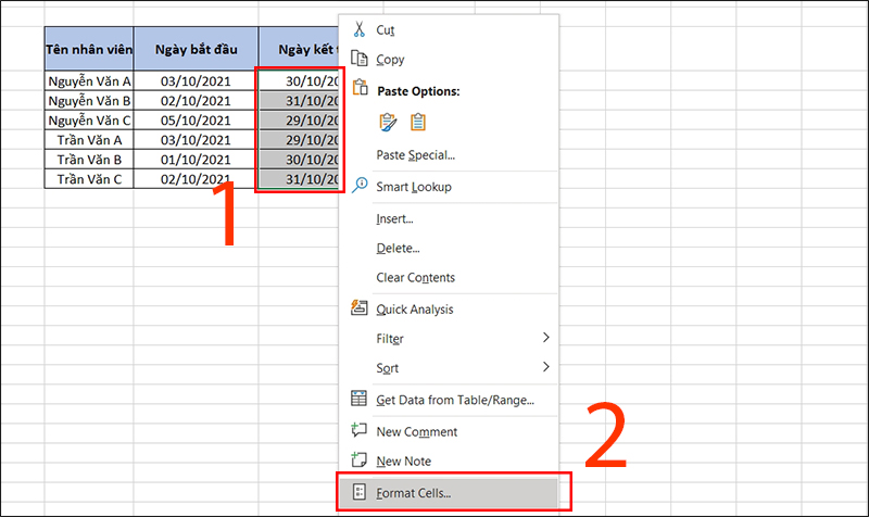 Quét dữ liệu và chọn Format Cells