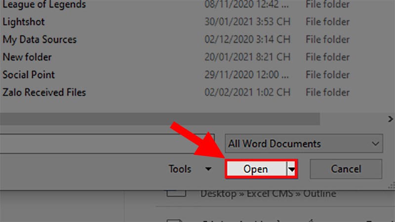 Nhấp vào file Word đã tìm được > Nhấn Open để mở file