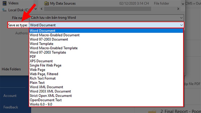 Chọn kiểu thư mục sẽ lưu ở phần Save as type.