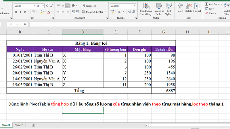 Ví dụ giải bài tập PivotTable