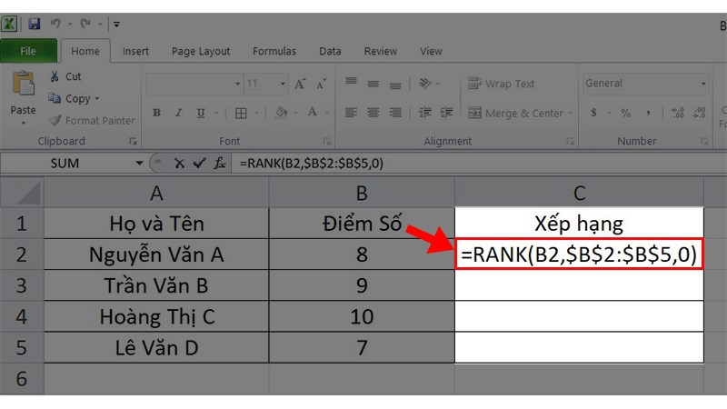 Tại ô đầu tiên trong cột Xếp hạng > Nhập công thức =RANK(B2,$B:$B,0)