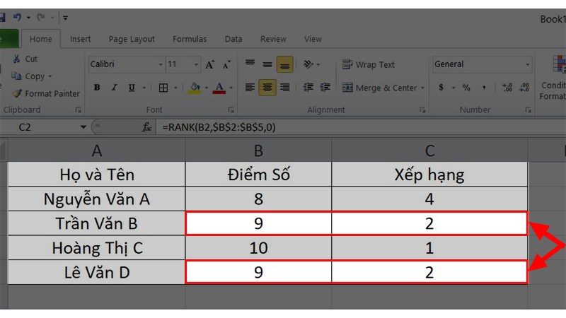 Trường hợp bị đồng hạng khi sử dụng hàm RANK