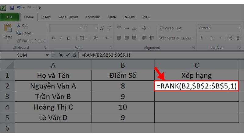 Nhập công thức ở ô xếp hạng đầu tiên là =RANK(B2,$B:$B,1)