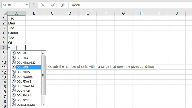 hập vài ký tự đầu của công thức, Excel sẽ gợi ý công thức
