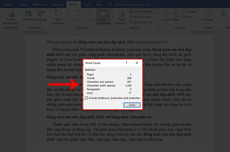 Hộp thoại Word Count