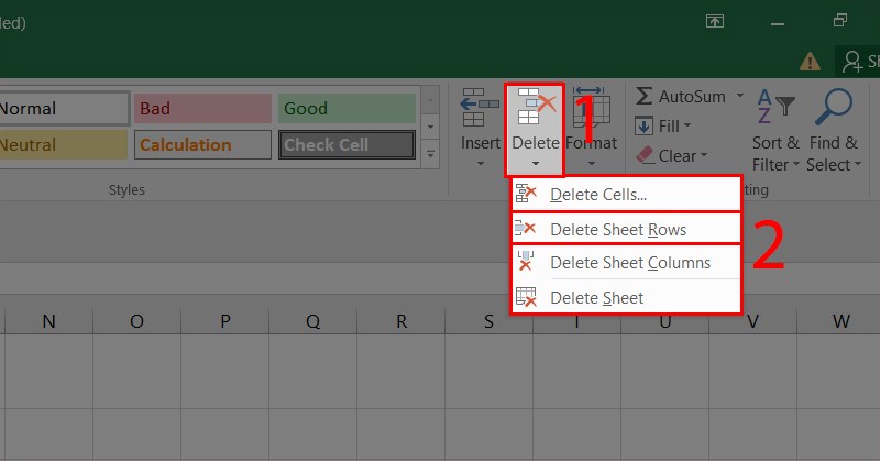 Vào thẻ Home > Chọn Delete > Chọn Delete Sheet Rows