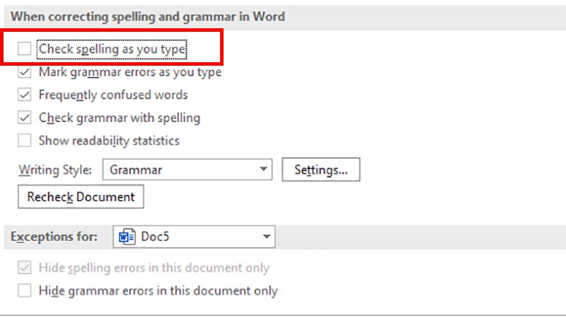 Bỏ chọn Check spelling as you type