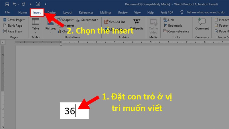 Để con trỏ chuột ở vị trí muốn viết > Chọn thẻ Insert