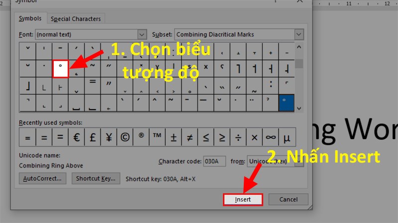 Ở hộp thoại hiện lên, bạn lên đầu trang chọn ký tự > Bạn đi đến cột thứ 3 > Kéo xuống dòng 40 bạn sẽ thấy ký tự độ