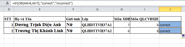 Công thức hàm OR trong Excel