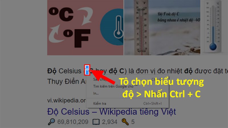 Tô chọn biểu tượng độ ở trang Wikipedia giống trong hình > Nhấn tổ hợp phím Ctrl + C để copy biểu tượng độ