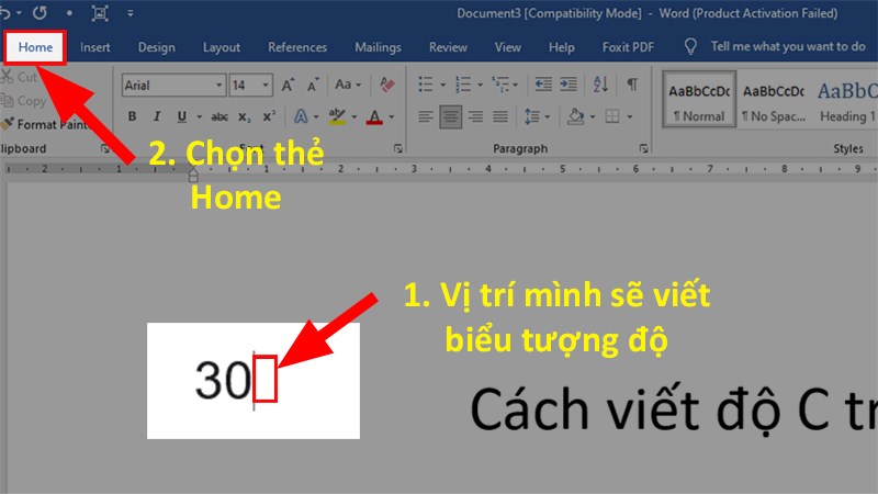 Để con trỏ chuột ở vị trí bạn muốn viết > Chọn thẻ Home