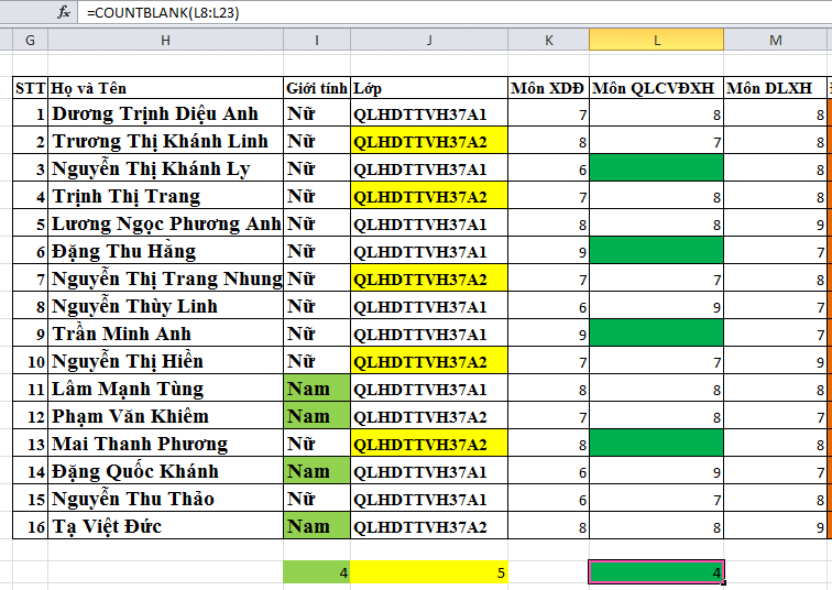 Các hàm trong Excel đếm ô trống COUNTBLANK 