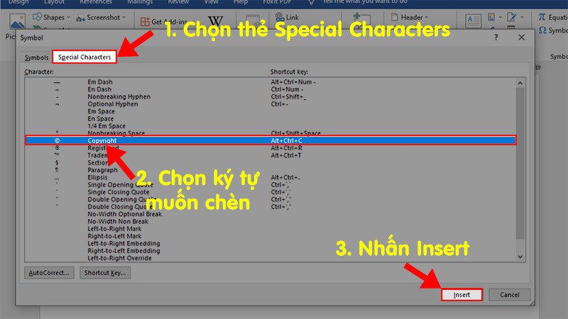 Ở hộp thoại hiện lên > Chọn thẻ Special Characters > Chọn ký tự cần chèn > Nhấn Insert để chèn vào Word