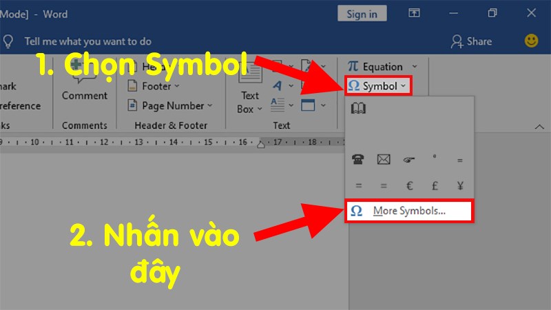 Đi đến mục Symbols > Chọn Symbol > Chọn More Symbols...