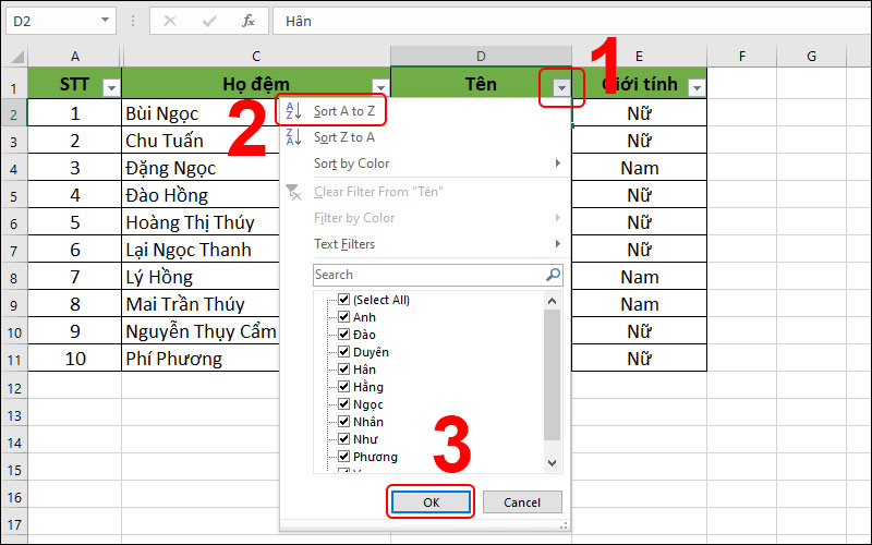 Sắp xếp tên theo chữ cái ABC