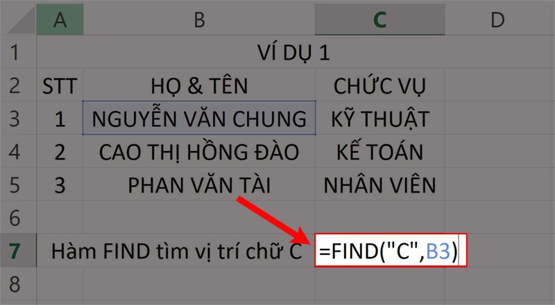 Nhập hàm =FIND(