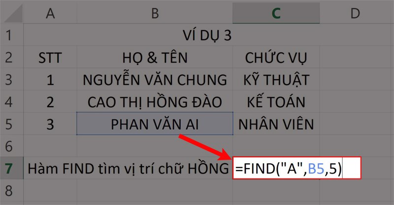 Nhập hàm =FIND(