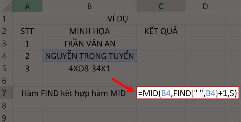 Nhập hàm =MID(B4,FIND(