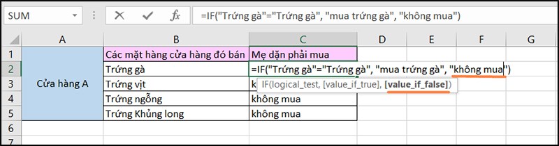 Ví dụ minh họa cho điều kiện sai của hàm if