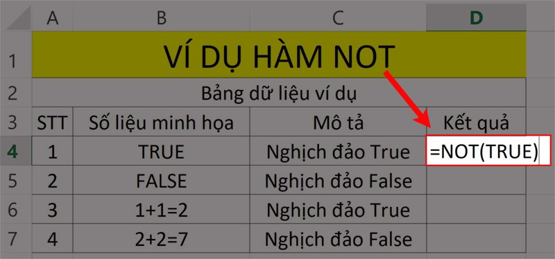 Ví dụ minh họa hàm NOT