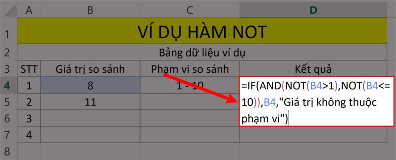 Ví dụ minh họa hàm NOT kết hợp hàm AND