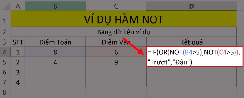 Ví dụ minh họa hàm NOT kết hợp hàm OR