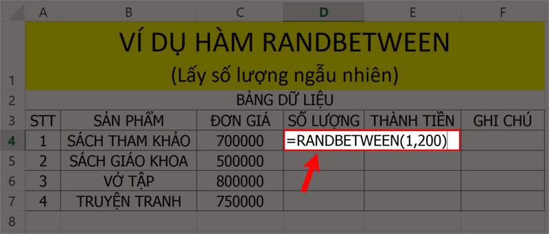 Ví dụ minh họa hàm RANDBETWEEN