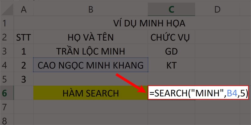 Nhập hàm =SEARCH(