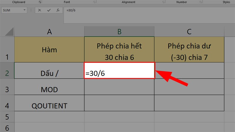 Mở file Excel > Chọn 1 ô nhập phép tính =30/6