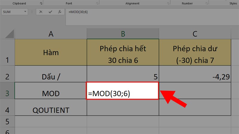 Nhập công thức =MOD(30;6)