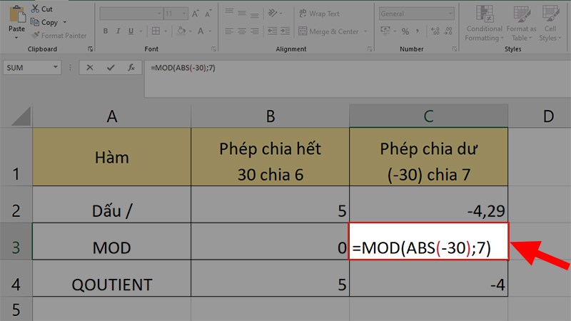 Nhập công thức =MOD(ABS(-30);7) ở ô kế bên