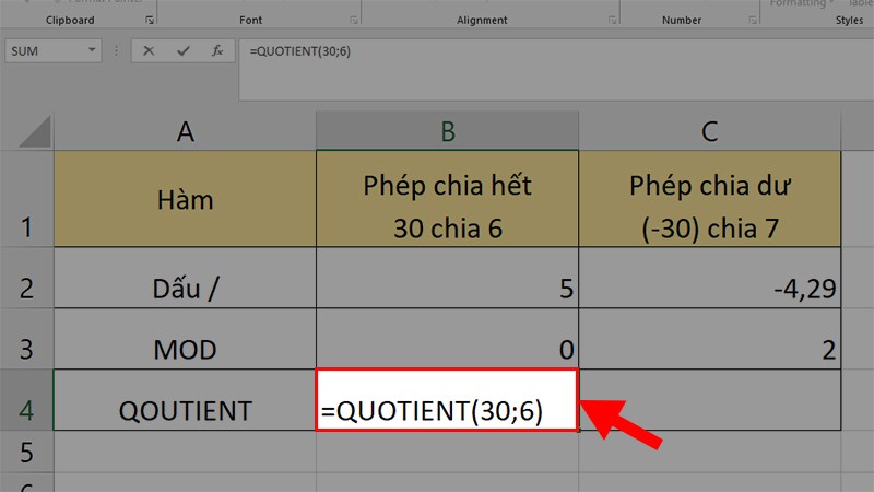 Nhập công thức =QUOTIENT(30;6)