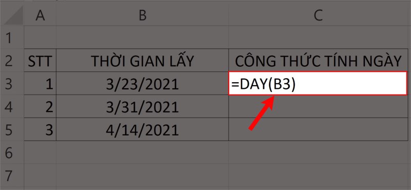 Nhập hàm =DAY(B3) vào ô bảng tính.