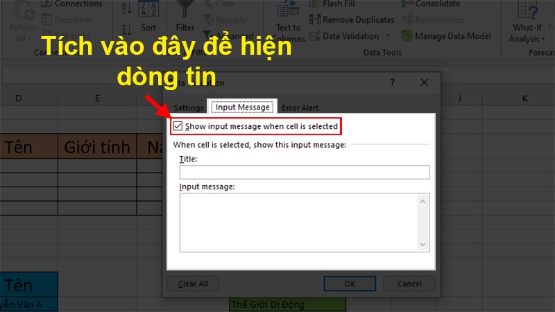 Thẻ Input Message thiết lập các dòng tin khi người xem chọn vào ô có định dạng Data Validation