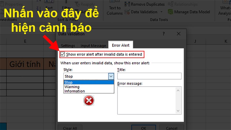 Thẻ Error Alert thêm cảnh báo khi nhập không đúng dữ liệu có sẵn trong ô