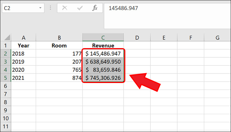 Định dạng Currency cho cột Revenue