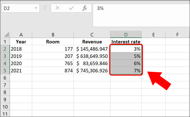 Định dạng Percentage cho cột Interest rate