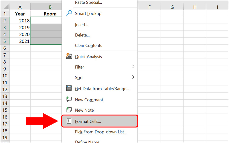 Sử dụng chuột phải để mở Format Cells