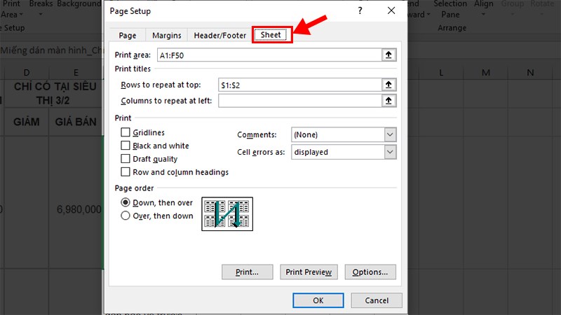 Chọn thẻ Sheet và thiết lập vùng in và có lặp lại tiêu đề