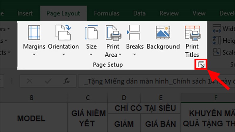 Mở hộp thoại Page Setup bằng cách nhấn vào biểu tượng mũi tên chéo xuống