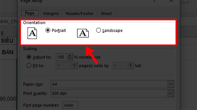 Chọn in trang giấy theo chiều dọc (Portrait) hay chiều ngang (Landscape)