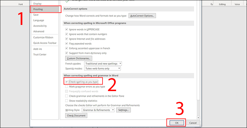 Chọn tính năng Check spelling as you type