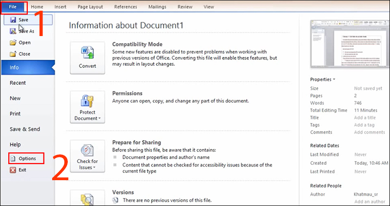 Vào File chọn Options