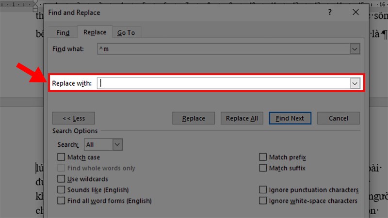 Phần Replace with bỏ trống