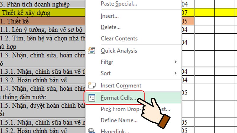 Nhấn chọn chuột phải tại vùng, chọn Format Cells...