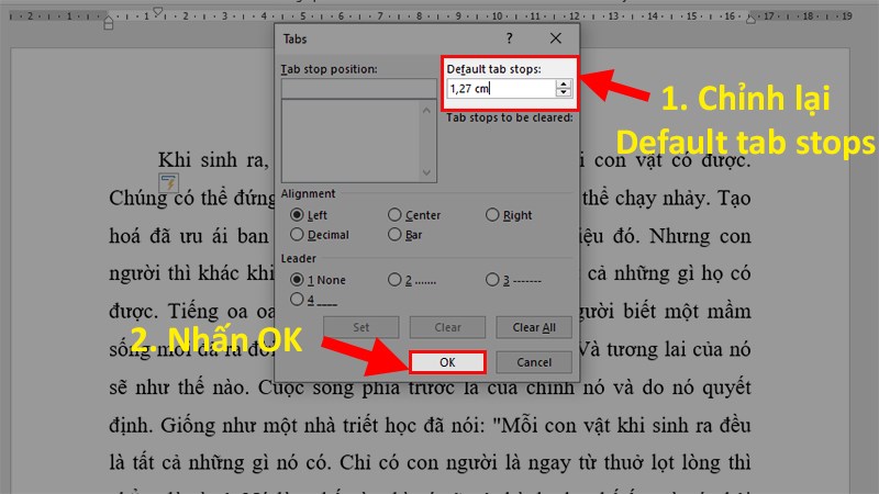 Hộp thoại Tabs xuất hiện > ở mục Default tab stops bạn nhập khoảng cách bạn muốn lùi > Bấm OK